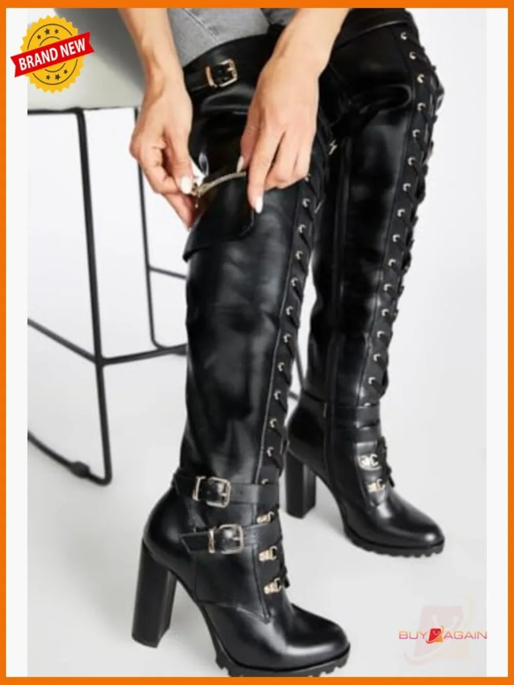 Thigh High Combat Boots with Block Heel, Lace Up, Side Zipper